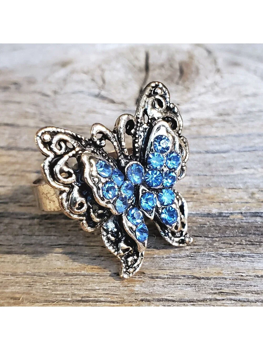Vintage Y2K 90s Blue Crystal Butterfly Silver Adjustable Cocktail Ring